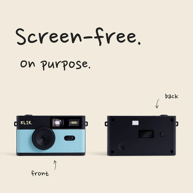 Alt view image 3 of 7 - Klik Screen-Free Digital Camera | Stay Present & Capture Retro Photos | 3 Vintage Film-Style Filters, 500 Shots Per Charge, Built-in Flash, USB-C Photo Transfer, Rechargeable (Blue)