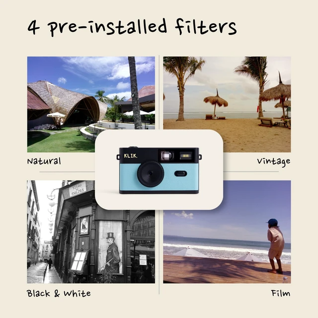 Alt view image 2 of 7 - Klik Screen-Free Digital Camera | Stay Present & Capture Retro Photos | 3 Vintage Film-Style Filters, 500 Shots Per Charge, Built-in Flash, USB-C Photo Transfer, Rechargeable (Blue)