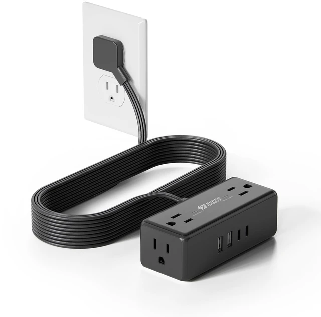 Main image of 10Ft Long Extension Cord, Flat Plug Surge Protector Power Strip Charging Station with 4 Outlets & 4 USB (2 USB C) Wall Mountable Outlet Extender for Home Office College Dorm Room Essentials