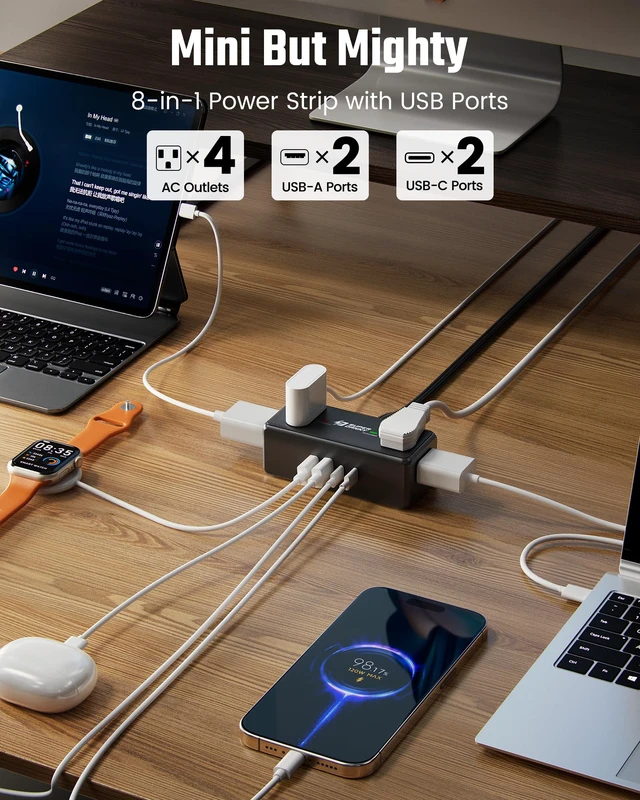 Alt view image 2 of 7 - 10Ft Long Extension Cord, Flat Plug Surge Protector Power Strip Charging Station with 4 Outlets & 4 USB (2 USB C) Wall Mountable Outlet Extender for Home Office College Dorm Room Essentials