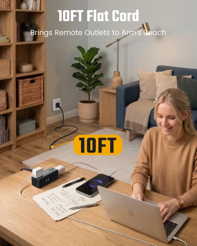 Alt view image 3 of 7 - 10Ft Long Extension Cord, Flat Plug Surge Protector Power Strip Charging Station with 4 Outlets & 4 USB (2 USB C) Wall Mountable Outlet Extender for Home Office College Dorm Room Essentials
