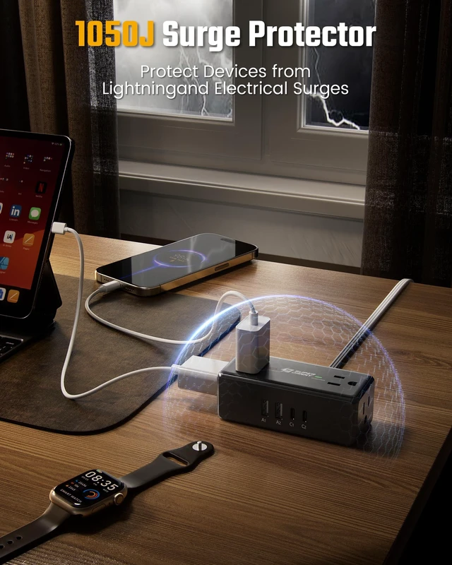 Alt view image 6 of 7 - 10Ft Long Extension Cord, Flat Plug Surge Protector Power Strip Charging Station with 4 Outlets & 4 USB (2 USB C) Wall Mountable Outlet Extender for Home Office College Dorm Room Essentials