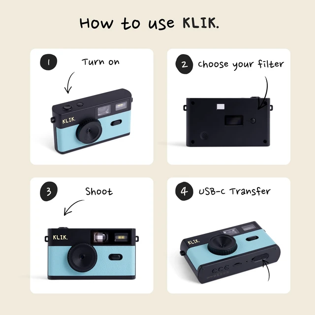 Alt view image 5 of 7 - Klik Screen-Free Digital Camera | Stay Present & Capture Retro Photos | 3 Vintage Film-Style Filters, 500 Shots Per Charge, Built-in Flash, USB-C Photo Transfer, Rechargeable (Blue)