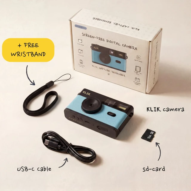 Alt view image 7 of 7 - Klik Screen-Free Digital Camera | Stay Present & Capture Retro Photos | 3 Vintage Film-Style Filters, 500 Shots Per Charge, Built-in Flash, USB-C Photo Transfer, Rechargeable (Blue)