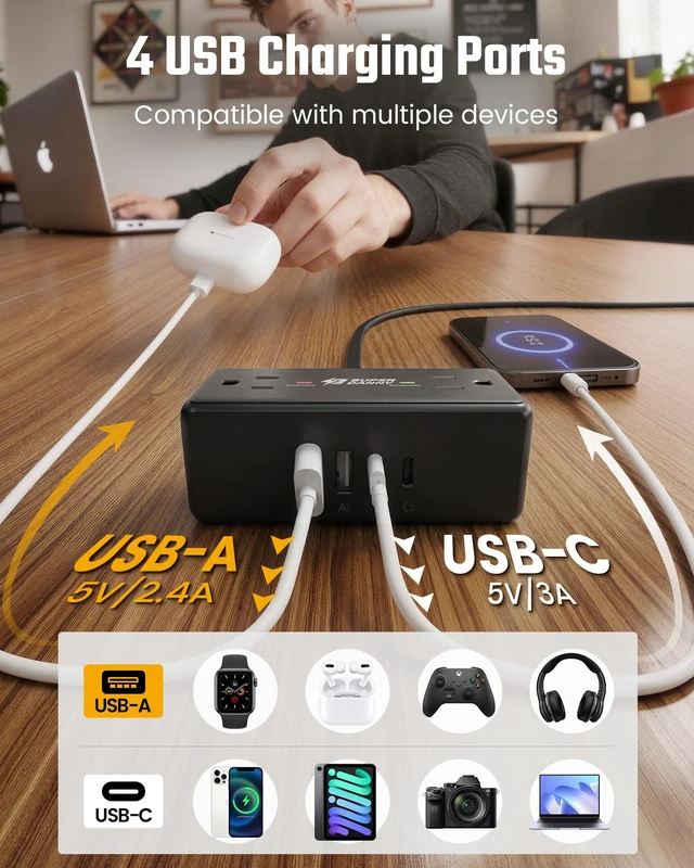 Alt view image 5 of 7 - 10Ft Long Extension Cord, Flat Plug Surge Protector Power Strip Charging Station with 4 Outlets & 4 USB (2 USB C) Wall Mountable Outlet Extender for Home Office College Dorm Room Essentials