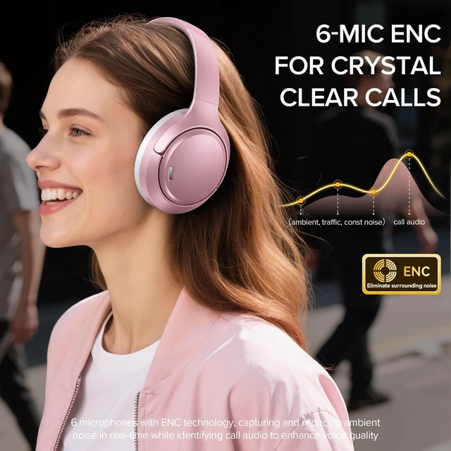 Alt view image 5 of 7 - Hybrid Active Noise Cancelling Headphones 120H Long Playtime, 6 ENC Mic, Wireless Over-Ear Bluetooth 6.0 Headphones, Hi-Res Audio, Memory Foam Earcup, Transparency Mode ANC Headphone for Travel Office