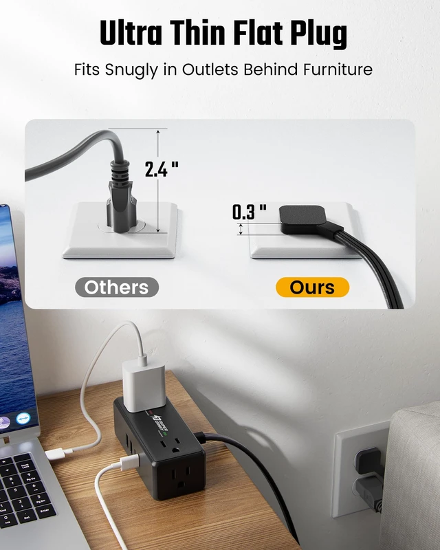 Alt view image 4 of 7 - 10Ft Long Extension Cord, Flat Plug Surge Protector Power Strip Charging Station with 4 Outlets & 4 USB (2 USB C) Wall Mountable Outlet Extender for Home Office College Dorm Room Essentials
