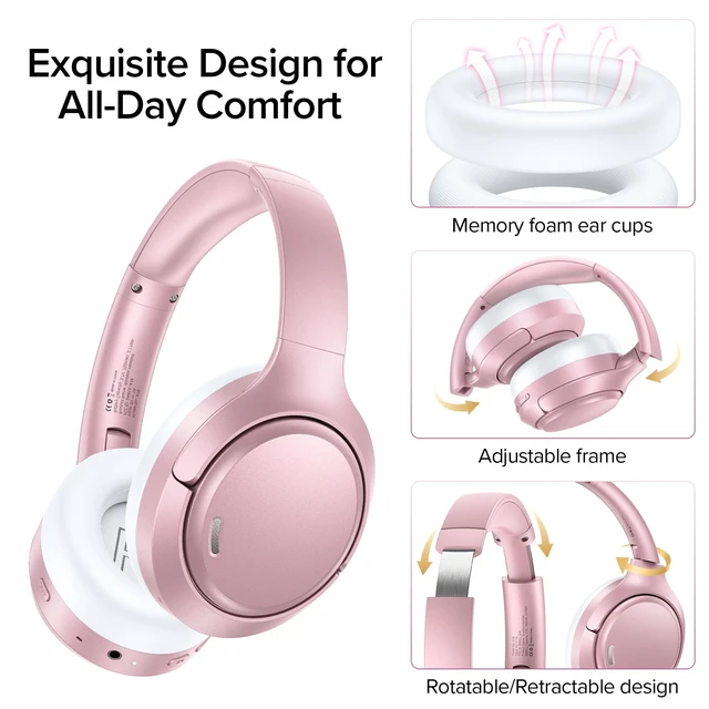 Alt view image 6 of 7 - Hybrid Active Noise Cancelling Headphones 120H Long Playtime, 6 ENC Mic, Wireless Over-Ear Bluetooth 6.0 Headphones, Hi-Res Audio, Memory Foam Earcup, Transparency Mode ANC Headphone for Travel Office