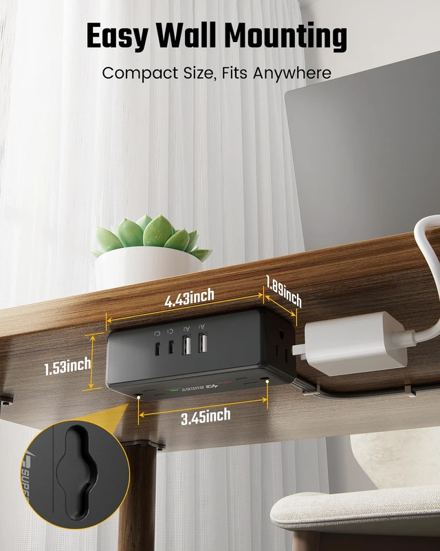 Alt view image 7 of 7 - 10Ft Long Extension Cord, Flat Plug Surge Protector Power Strip Charging Station with 4 Outlets & 4 USB (2 USB C) Wall Mountable Outlet Extender for Home Office College Dorm Room Essentials