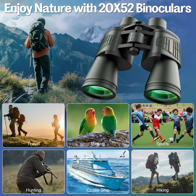 Alt view image 6 of 7 - 20x52 Binoculars for Adults High Powered - Green HD Vision, Large View, BAK4 Porro Prism, Professional for Bird Watching, Cruise Ship, Hunting, Travel, Hiking, Gifts for Men