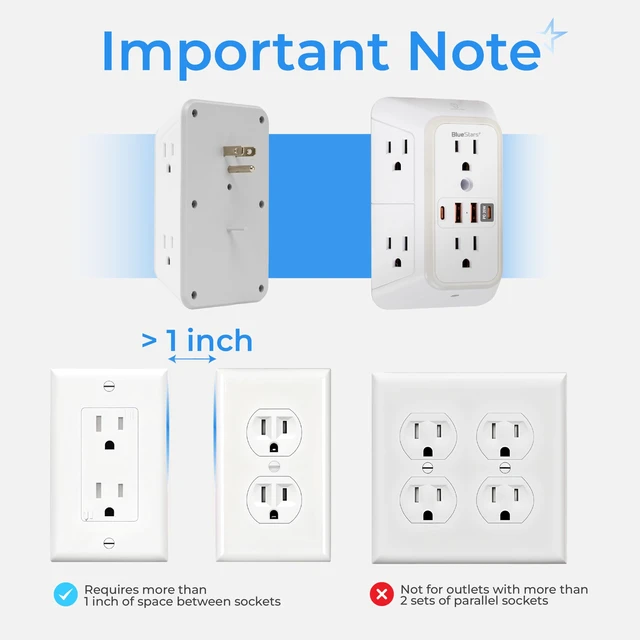 Alt view image 7 of 7 - Surge Protector Outlet Extender, 6 Outlets & 4 USB Ports with Fast Charging Type C PD 20W, Night Light, 3-Sided Power Strip, Multi Plug Wall Charger for Home, Office, Travel, Cruise Ship, ETL Listed