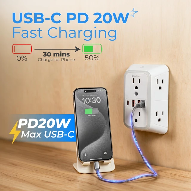 Alt view image 5 of 7 - Surge Protector Outlet Extender, 6 Outlets & 4 USB Ports with Fast Charging Type C PD 20W, Night Light, 3-Sided Power Strip, Multi Plug Wall Charger for Home, Office, Travel, Cruise Ship, ETL Listed