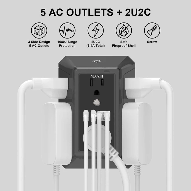Alt view image 2 of 7 - Outlet Extender Surge Protector - 6 Outlet Splitter with 4 USB Ports(2 USB-C) and Night Light, Multi Plug Wall Outlet 1680J Power Strip for Home Office Dorm Room Essentials, ETL, Black