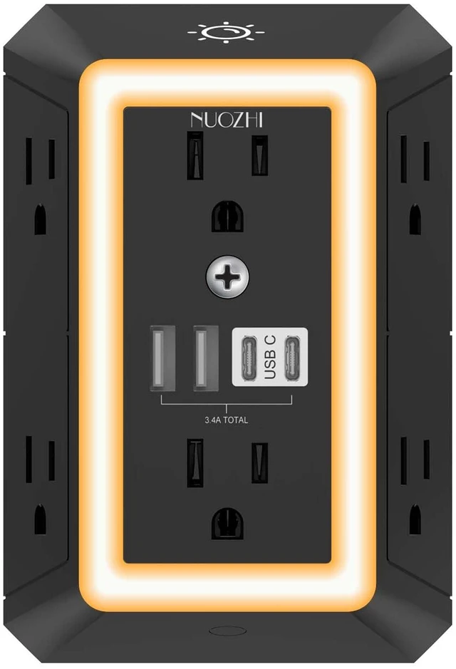 Main image of Outlet Extender Surge Protector - 6 Outlet Splitter with 4 USB Ports(2 USB-C) and Night Light, Multi Plug Wall Outlet 1680J Power Strip for Home Office Dorm Room Essentials, ETL, Black
