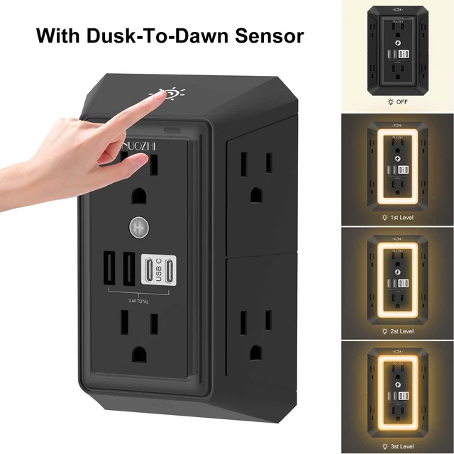 Alt view image 4 of 7 - Outlet Extender Surge Protector - 6 Outlet Splitter with 4 USB Ports(2 USB-C) and Night Light, Multi Plug Wall Outlet 1680J Power Strip for Home Office Dorm Room Essentials, ETL, Black