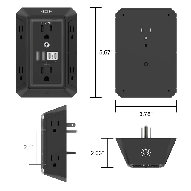 Alt view image 7 of 7 - Outlet Extender Surge Protector - 6 Outlet Splitter with 4 USB Ports(2 USB-C) and Night Light, Multi Plug Wall Outlet 1680J Power Strip for Home Office Dorm Room Essentials, ETL, Black