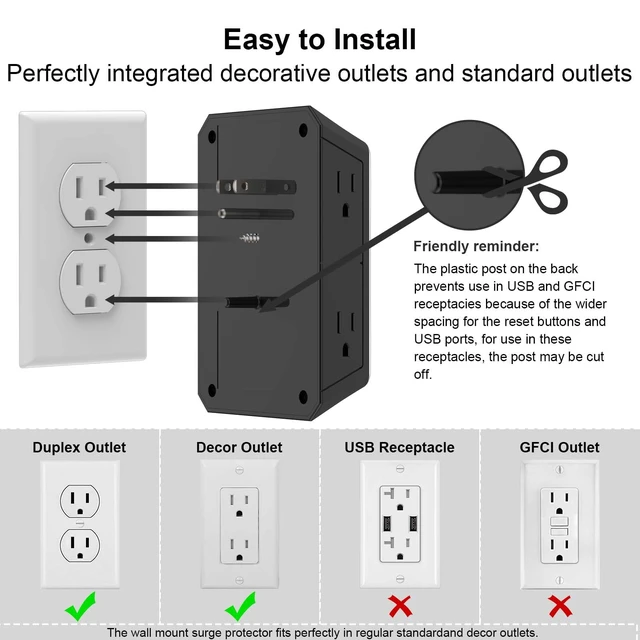 Alt view image 5 of 7 - Outlet Extender Surge Protector - 6 Outlet Splitter with 4 USB Ports(2 USB-C) and Night Light, Multi Plug Wall Outlet 1680J Power Strip for Home Office Dorm Room Essentials, ETL, Black