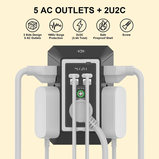 Alt view image 2 of 7 - Multi Plug Outlet Surge Protector, 5 Outlets and 4 USB Ports(2 USB-C) and Night Light, 3-Sided Power Strip with Adapter Spaced Outlets for Home, Office, Travel, ETL Listed, Black