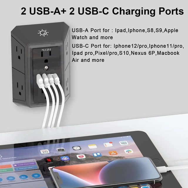 Alt view image 3 of 7 - Outlet Extender Surge Protector - 6 Outlet Splitter with 4 USB Ports(2 USB-C) and Night Light, Multi Plug Wall Outlet 1680J Power Strip for Home Office Dorm Room Essentials, ETL, Black