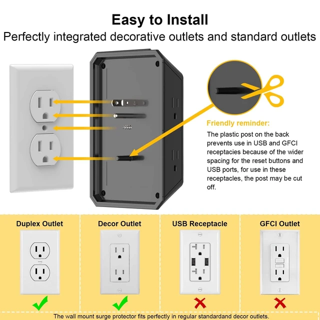 Alt view image 5 of 7 - Multi Plug Outlet Surge Protector, 5 Outlets and 4 USB Ports(2 USB-C) and Night Light, 3-Sided Power Strip with Adapter Spaced Outlets for Home, Office, Travel, ETL Listed, Black