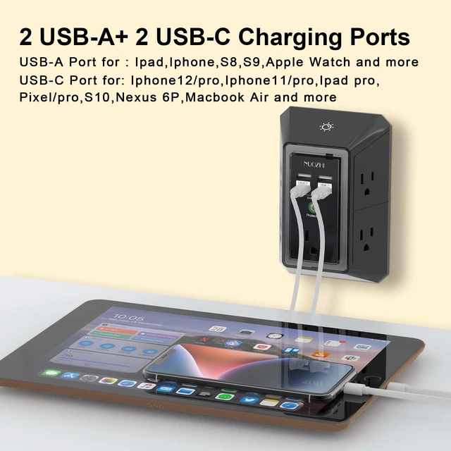 Alt view image 3 of 7 - Multi Plug Outlet Surge Protector, 5 Outlets and 4 USB Ports(2 USB-C) and Night Light, 3-Sided Power Strip with Adapter Spaced Outlets for Home, Office, Travel, ETL Listed, Black