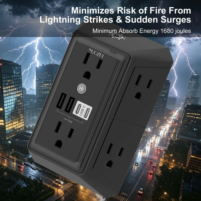 Alt view image 6 of 7 - Outlet Extender Surge Protector - 6 Outlet Splitter with 4 USB Ports(2 USB-C) and Night Light, Multi Plug Wall Outlet 1680J Power Strip for Home Office Dorm Room Essentials, ETL, Black