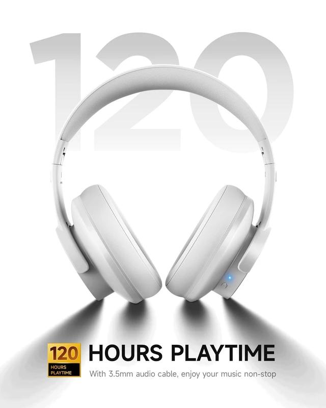 Alt view image 3 of 7 - B8 Wireless Bluetooth Headphones, 120H Playtime, 3EQ Modes, White Over-Ear, Built-in Microphone, Multipoint Connection, Foldable, Button & Touch Controls, for Travel Home Office Phone PC