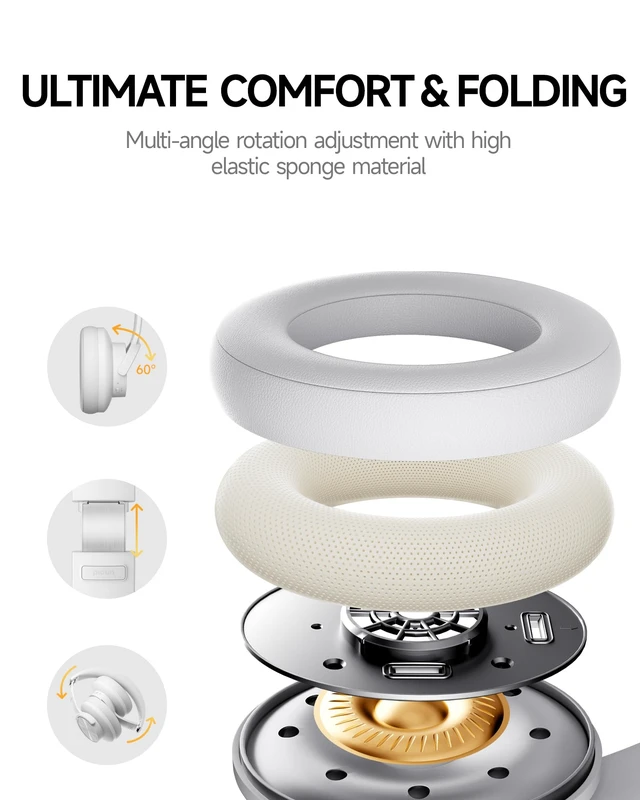 Alt view image 6 of 7 - B8 Wireless Bluetooth Headphones, 120H Playtime, 3EQ Modes, White Over-Ear, Built-in Microphone, Multipoint Connection, Foldable, Button & Touch Controls, for Travel Home Office Phone PC