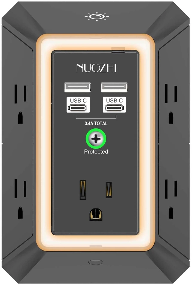 Main image of Multi Plug Outlet Surge Protector, 5 Outlets and 4 USB Ports(2 USB-C) and Night Light, 3-Sided Power Strip with Adapter Spaced Outlets for Home, Office, Travel, ETL Listed, Black