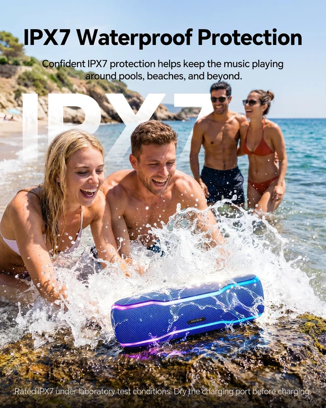 Alt view image 3 of 7 - Bluetooth Speaker, IPX7 Waterproof, 50W Peak, 24H Playtime, Blue Flashing lights, TWS pairing, deep bass, ideal for beach trips, outdoor parties, birthdays, graduations and everyday use