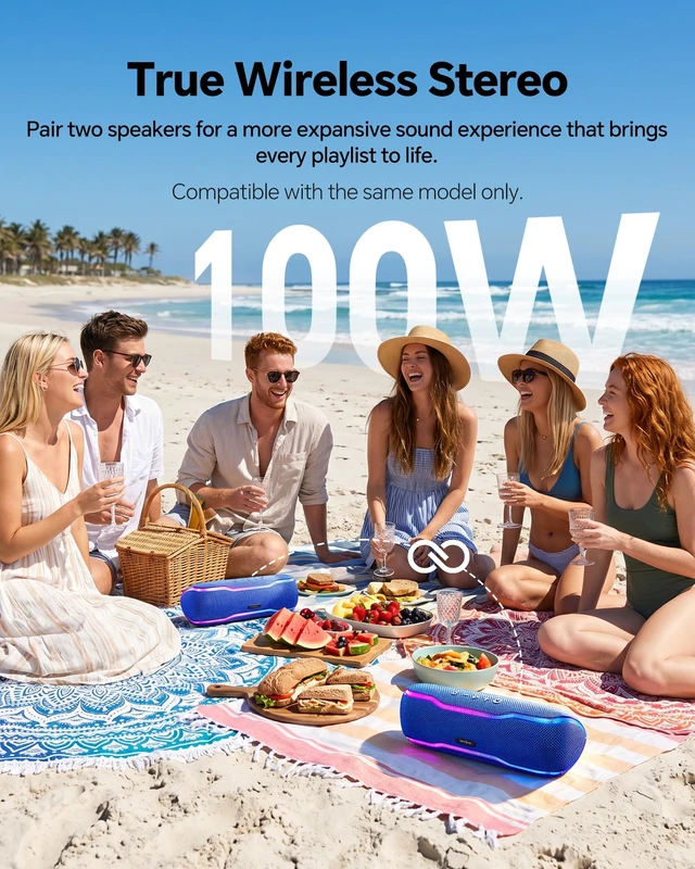 Alt view image 5 of 7 - Bluetooth Speaker, IPX7 Waterproof, 50W Peak, 24H Playtime, Blue Flashing lights, TWS pairing, deep bass, ideal for beach trips, outdoor parties, birthdays, graduations and everyday use