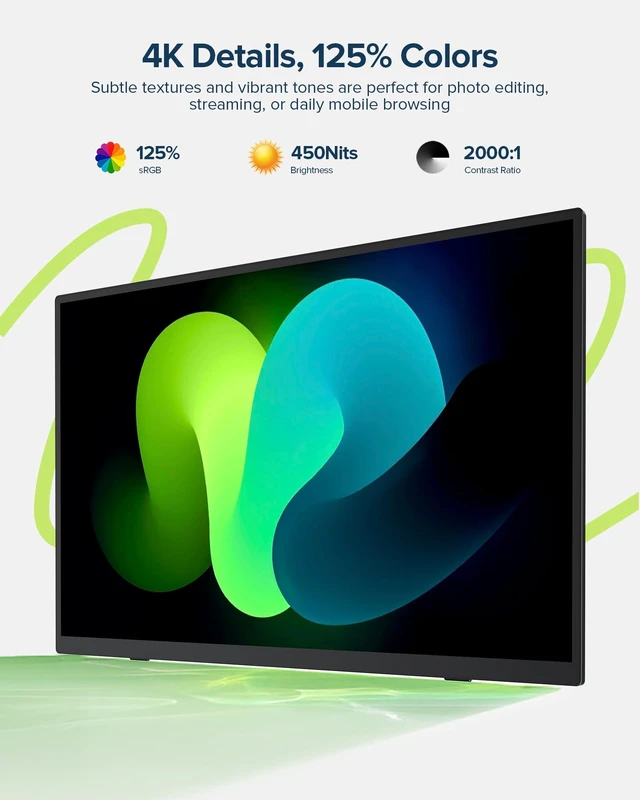 Alt view image 4 of 7 - Portable Monitor 4K Touchscreen 15.6", 3840 * 2160 UHD, 125% sRGB 10-Point Touch Laptop Monitor, 2000:1, USB-C & MINI HDMI, VESA & Stand, Ultra-Slim Travel Screen for Computer, Game Consoles