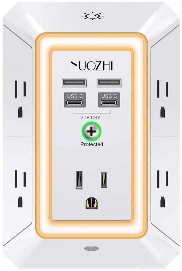Main image of Multi Plug Outlet Surge Protector, 5 Outlets and 4 USB Ports(2 USB-C) and Night Light, 3-Sided Power Strip with Adapter Spaced Outlets for Home, Office, Travel, ETL Listed, White