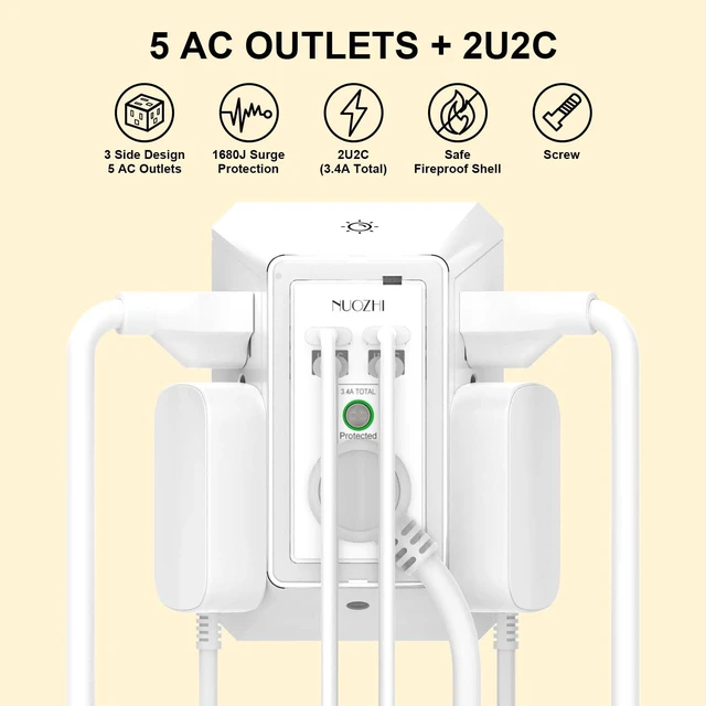 Alt view image 2 of 7 - Multi Plug Outlet Surge Protector, 5 Outlets and 4 USB Ports(2 USB-C) and Night Light, 3-Sided Power Strip with Adapter Spaced Outlets for Home, Office, Travel, ETL Listed, White