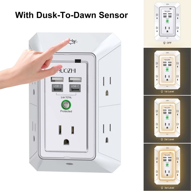 Alt view image 4 of 7 - Multi Plug Outlet Surge Protector, 5 Outlets and 4 USB Ports(2 USB-C) and Night Light, 3-Sided Power Strip with Adapter Spaced Outlets for Home, Office, Travel, ETL Listed, White