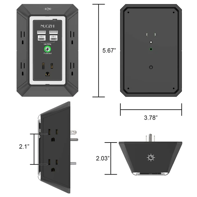 Alt view image 7 of 7 - Multi Plug Outlet Surge Protector, 5 Outlets and 4 USB Ports(2 USB-C) and Night Light, 3-Sided Power Strip with Adapter Spaced Outlets for Home, Office, Travel, ETL Listed, Black