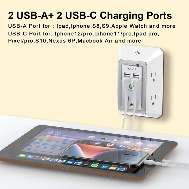 Alt view image 3 of 7 - Multi Plug Outlet Surge Protector, 5 Outlets and 4 USB Ports(2 USB-C) and Night Light, 3-Sided Power Strip with Adapter Spaced Outlets for Home, Office, Travel, ETL Listed, White