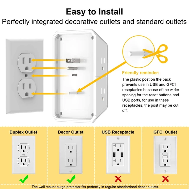 Alt view image 5 of 7 - Multi Plug Outlet Surge Protector, 5 Outlets and 4 USB Ports(2 USB-C) and Night Light, 3-Sided Power Strip with Adapter Spaced Outlets for Home, Office, Travel, ETL Listed, White