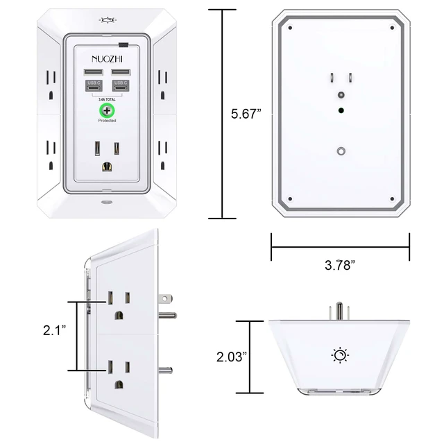 Alt view image 7 of 7 - Multi Plug Outlet Surge Protector, 5 Outlets and 4 USB Ports(2 USB-C) and Night Light, 3-Sided Power Strip with Adapter Spaced Outlets for Home, Office, Travel, ETL Listed, White