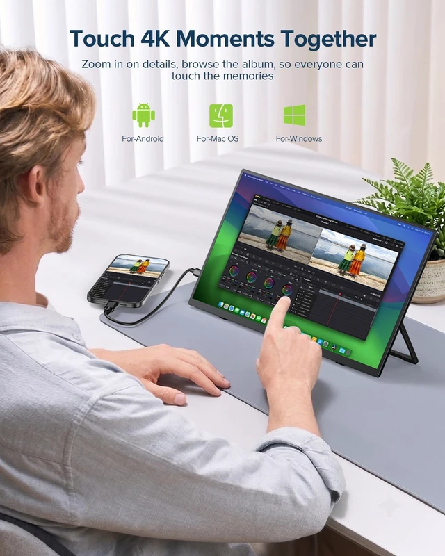 Alt view image 5 of 7 - Portable Monitor 4K Touchscreen 15.6", 3840 * 2160 UHD, 125% sRGB 10-Point Touch Laptop Monitor, 2000:1, USB-C & MINI HDMI, VESA & Stand, Ultra-Slim Travel Screen for Computer, Game Consoles