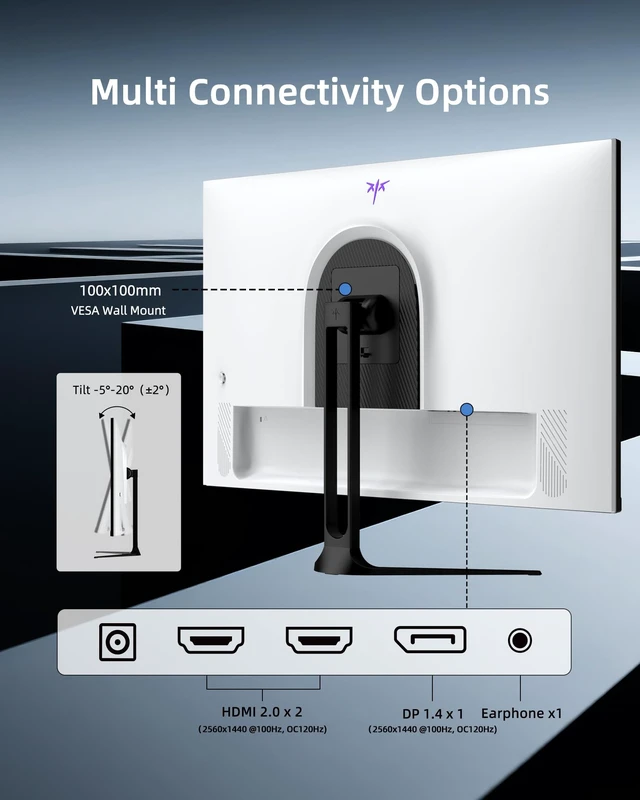 Alt view image 7 of 7 - 32 Inch 2K Computer Monitor, 1440P 120Hz Monitor, IPS with HDR, H32D6 2560x1440 PC Monitors 100Hz, Adaptive Sync, 109%sRGB, HDMI Display Port, Eye Care, Tilt, VESA Mount, for Home Office, White