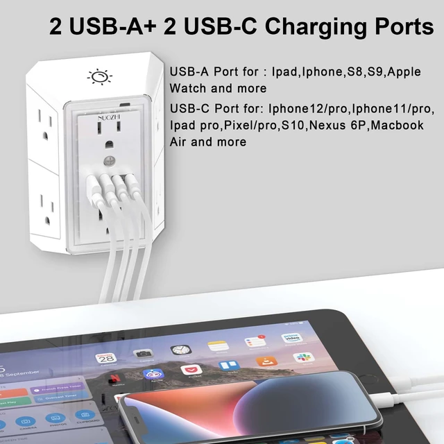 Alt view image 3 of 7 - Outlet Extender Surge Protector - 6 Outlet Splitter with 4 USB Ports(2 USB-C) and Night Light, Multi Plug Wall Outlet 1680J Power Strip for Home Office Dorm Room Essentials, ETL, White