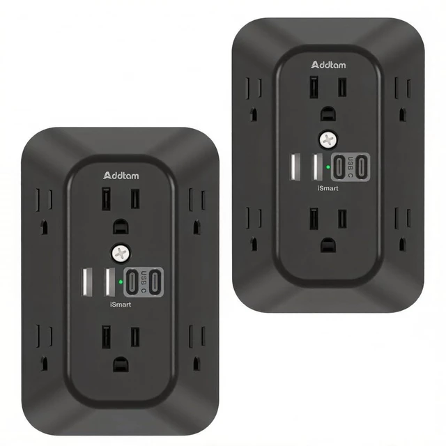 Main image of 6-Outlet Extender Surge Protector, Multi Plug Wall Outlet with 4 USB Wall Charger(2 USB C Ports), Plug Extension Outlet with 1800J, Outlet Splitter Power Strip for Home Office, 2 Pack, Black