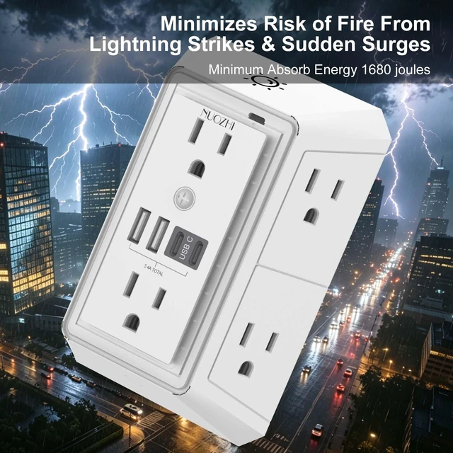 Alt view image 6 of 7 - Outlet Extender Surge Protector - 6 Outlet Splitter with 4 USB Ports(2 USB-C) and Night Light, Multi Plug Wall Outlet 1680J Power Strip for Home Office Dorm Room Essentials, ETL, White