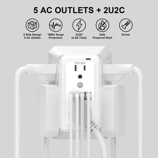 Alt view image 2 of 7 - Outlet Extender Surge Protector - 6 Outlet Splitter with 4 USB Ports(2 USB-C) and Night Light, Multi Plug Wall Outlet 1680J Power Strip for Home Office Dorm Room Essentials, ETL, White