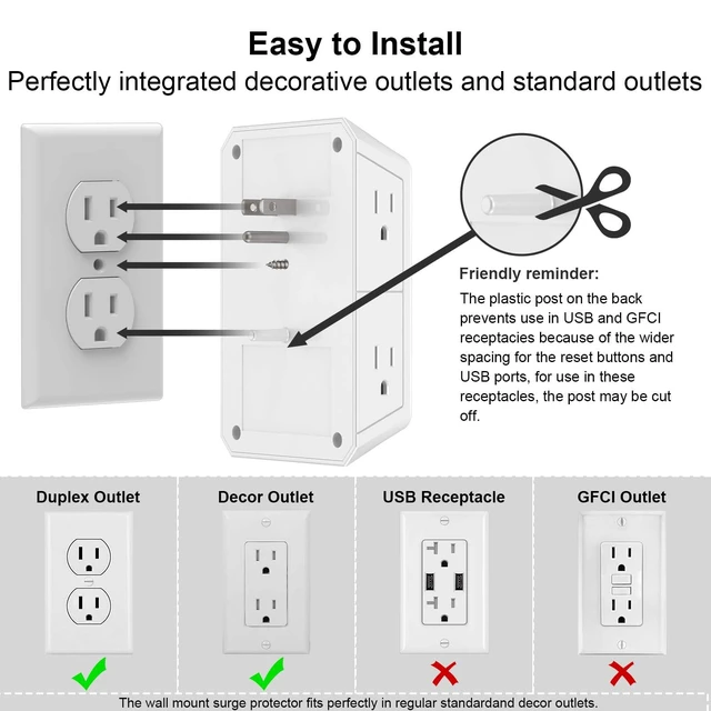 Alt view image 5 of 7 - Outlet Extender Surge Protector - 6 Outlet Splitter with 4 USB Ports(2 USB-C) and Night Light, Multi Plug Wall Outlet 1680J Power Strip for Home Office Dorm Room Essentials, ETL, White