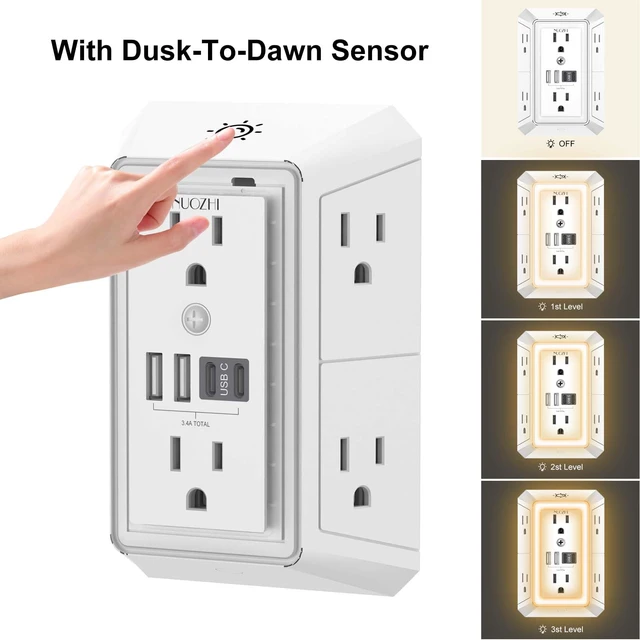 Alt view image 4 of 7 - Outlet Extender Surge Protector - 6 Outlet Splitter with 4 USB Ports(2 USB-C) and Night Light, Multi Plug Wall Outlet 1680J Power Strip for Home Office Dorm Room Essentials, ETL, White