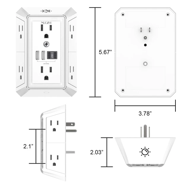 Alt view image 7 of 7 - Outlet Extender Surge Protector - 6 Outlet Splitter with 4 USB Ports(2 USB-C) and Night Light, Multi Plug Wall Outlet 1680J Power Strip for Home Office Dorm Room Essentials, ETL, White