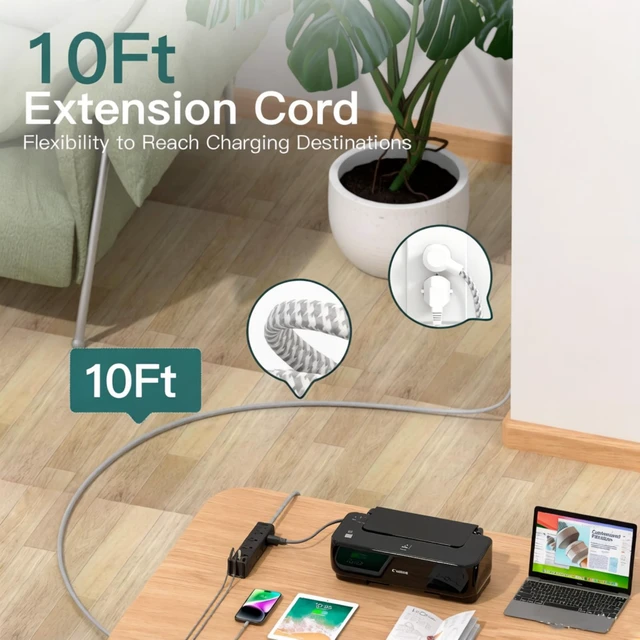 Alt view image 3 of 7 - 10FT Power Strip Surge Protector, 12 Wide Spaced Outlets 4 USB Ports Flat Plug Extension Cord, Wall Mount Outlet Extender, 1050J Surge Protection for Desk Office Gaming, ETL Listed, Black