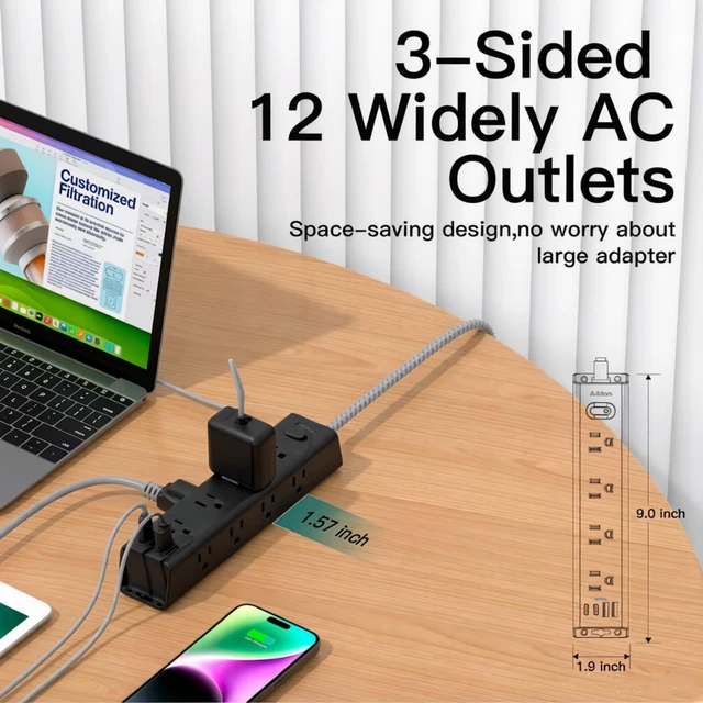 Alt view image 7 of 7 - 10FT Power Strip Surge Protector, 12 Wide Spaced Outlets 4 USB Ports Flat Plug Extension Cord, Wall Mount Outlet Extender, 1050J Surge Protection for Desk Office Gaming, ETL Listed, Black